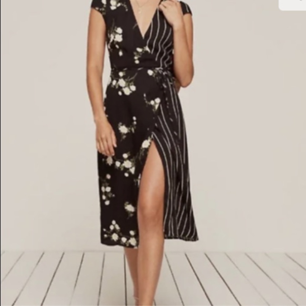 Reformation Sabrina Black Striped Floral Wrap Dress Size Small
